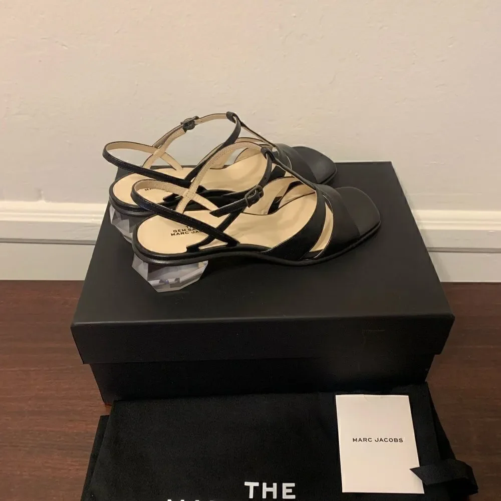 Marc Jacob Women’s heel T- stripe leather black sandal Sz  US6,5-7/ EU 37, NIB